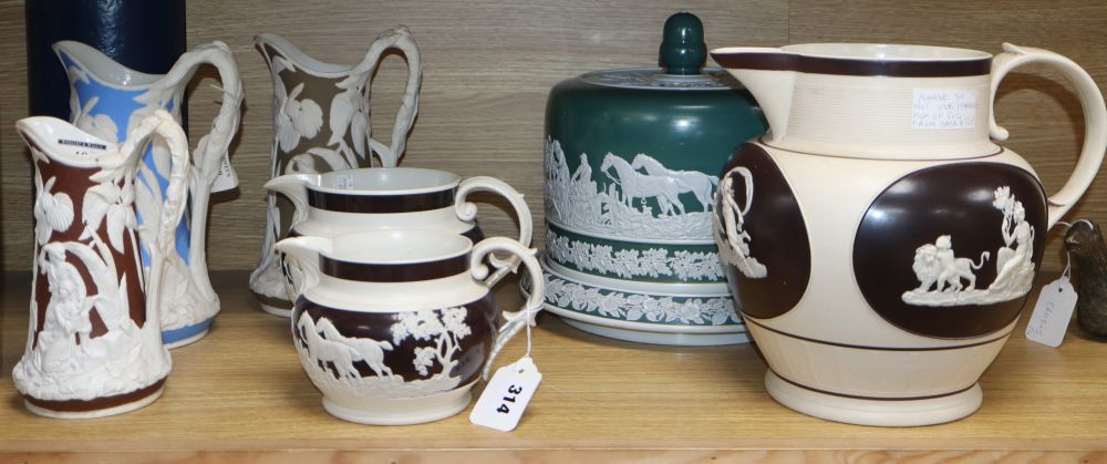 19th century coloured white stonewares to include - a large Stilton dish and cover, large ceramic jug (handle a.f.) and five other item